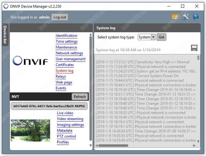 Onvif Device Manager Camera system log Onvif Device Manager Camera system log