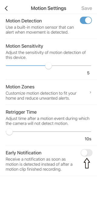 Using and troubleshooting the Blink app 74 Early Notification toggle