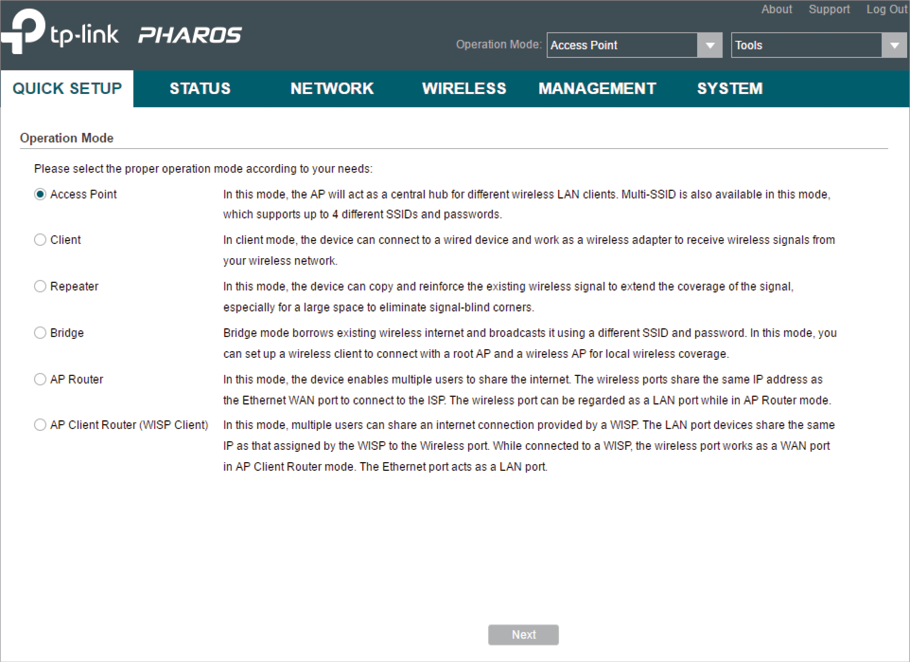 How to Configure Pharos Device 12 https://www.tp-link.com/us/configuration-guides/quick_start_guide_cpe_and_wbs_/quick_start_guide_cpe_and_wbs_-web-resources/image/configure_access_point1.png