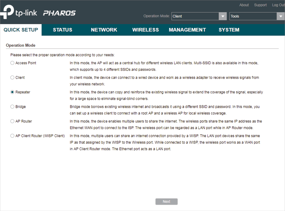 How to Configure Pharos Device 22 https://www.tp-link.com/us/configuration-guides/quick_start_guide_cpe_and_wbs_/quick_start_guide_cpe_and_wbs_-web-resources/image/configure_repeater1.png