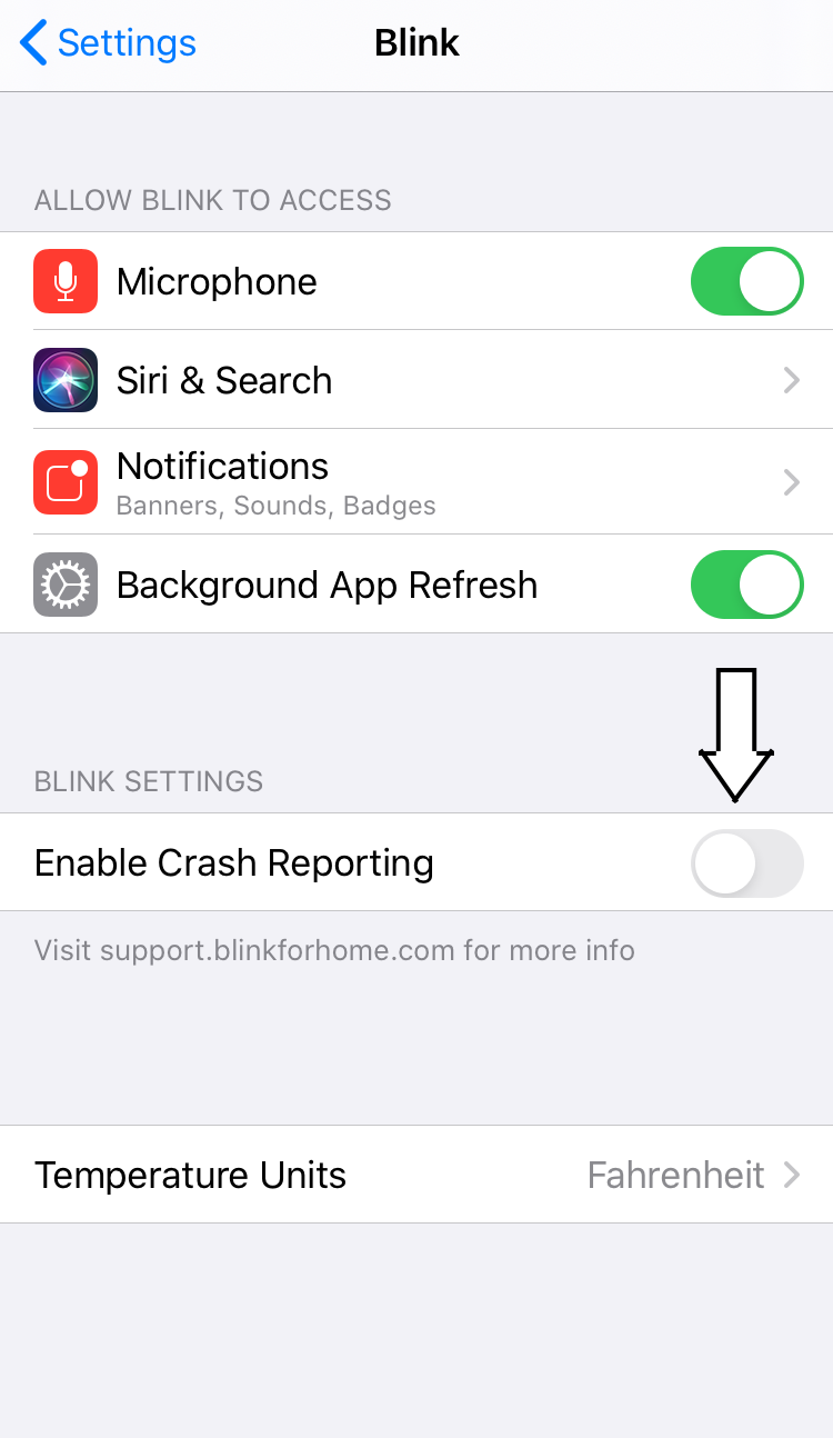 Using and troubleshooting the Blink app 21 https://d1rdbmlr0h5wfx.cloudfront.net/documents/images/en/beta/crashreporting_settings_tap.png