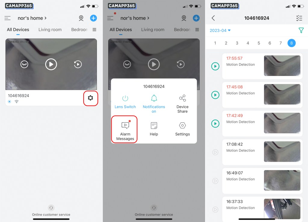In Alarm Messages you can see all alarm messages, and if you have a memory card inserted, click on the green play icon to view the alarm video.