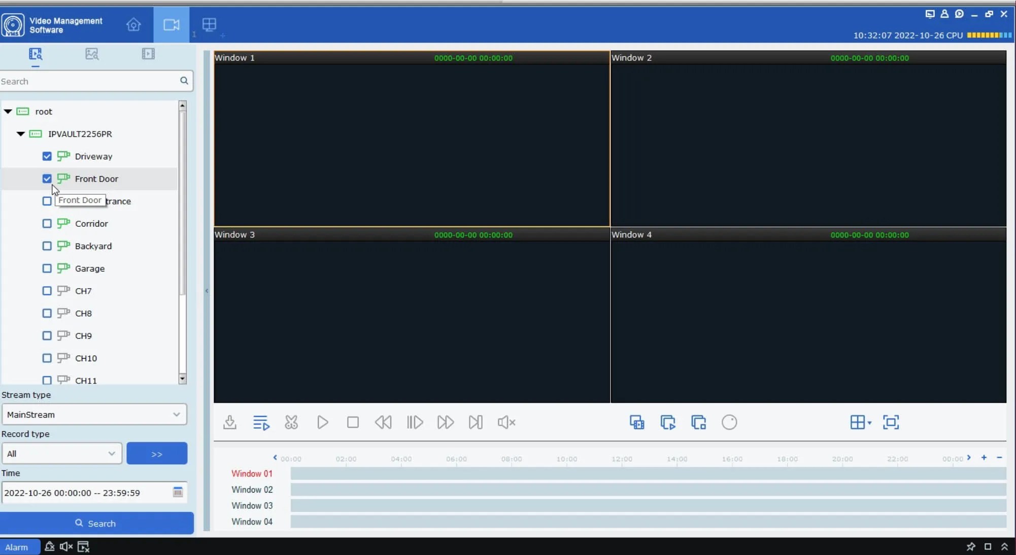 VMS root IPVAULT2256PR SELECT CAMERAS TO CHECK